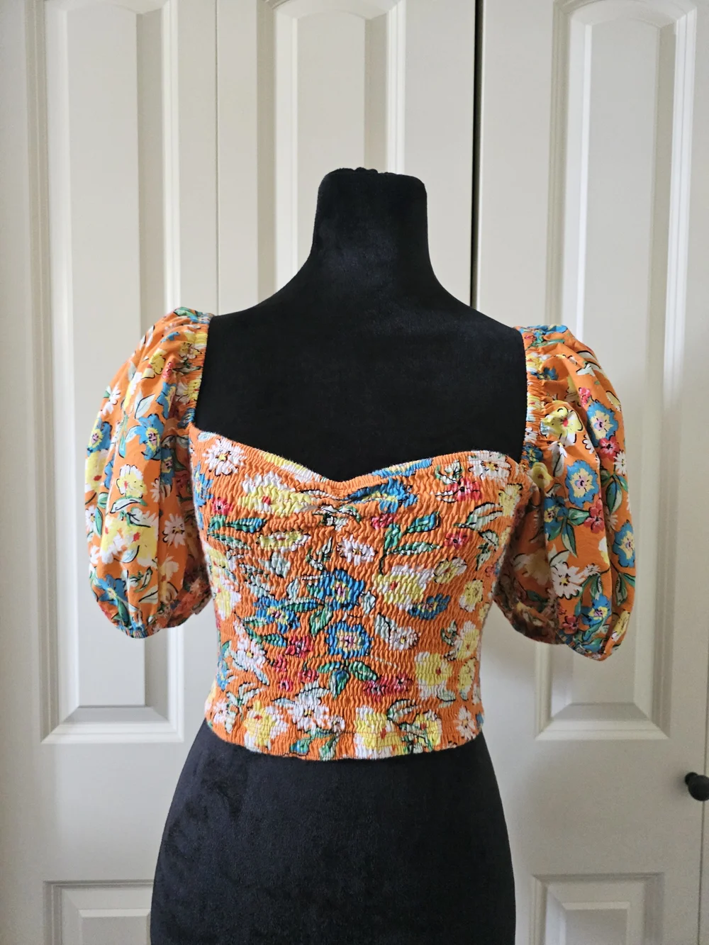 Zara Floral Crop Top  Smocked On or Off Shoulder Orange Multi Boho Western Sz L - Picture 2 of 12